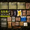 a group of packages of food